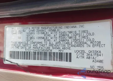 2002 Toyota Sequoia Sr5 V8 from USA, damaged, VIN 5TDZT34A92S098030